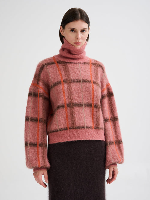 Jersey cuello alto Roberto Collina mujer jacquard geométrico rosa