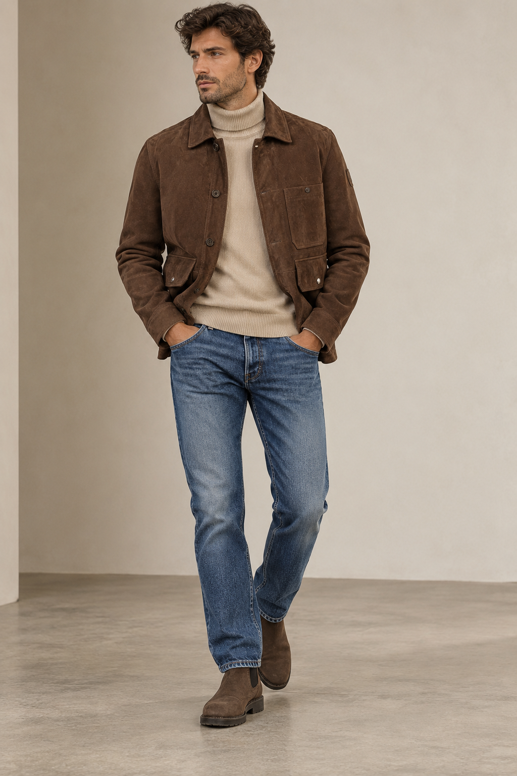 Hombre con chaqueta de ante Belstaff Trail marrón, jersey de cuello alto Altea y botines Chelsea, look de otoño-invierno 2026/27