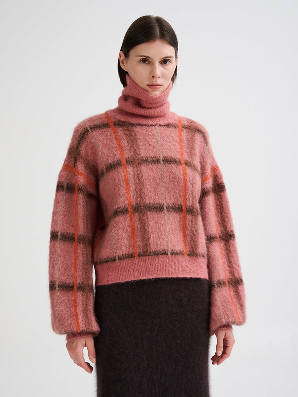 Jersey cuello alto Roberto Collina mujer jacquard geométrico rosa