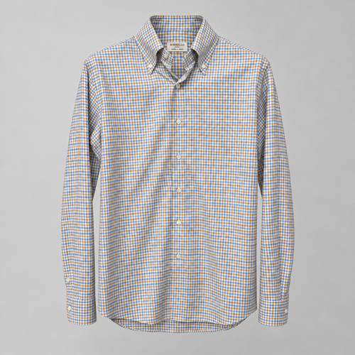 Camisa Borriello de popelín con fino cuadro vichy azul, camel y blanco, cuello button-down, vista frontal