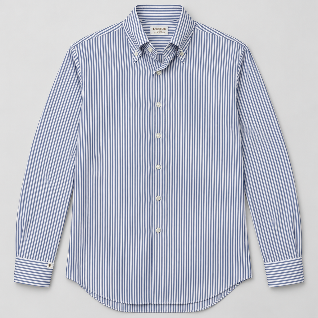 Camisa Borriello de hombre de mil rayas azul y blanco, cuello button-down, vista frontal