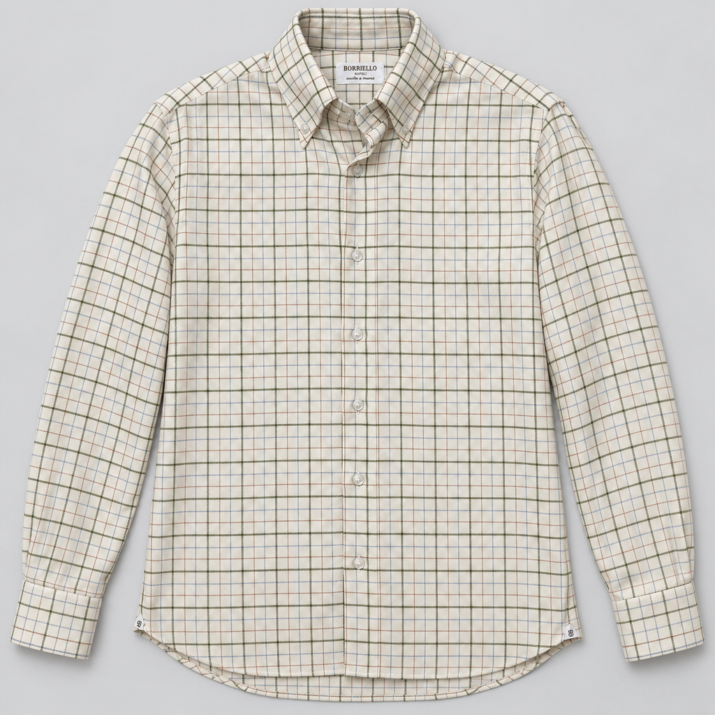 Camisa Borriello de hombre con cuadro caudrille verde sobre fondo crema, cuello button-down, vista frontal