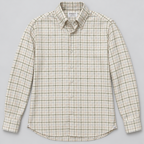 Camisa Borriello de hombre con cuadro caudrille verde sobre fondo crema, cuello button-down, vista frontal