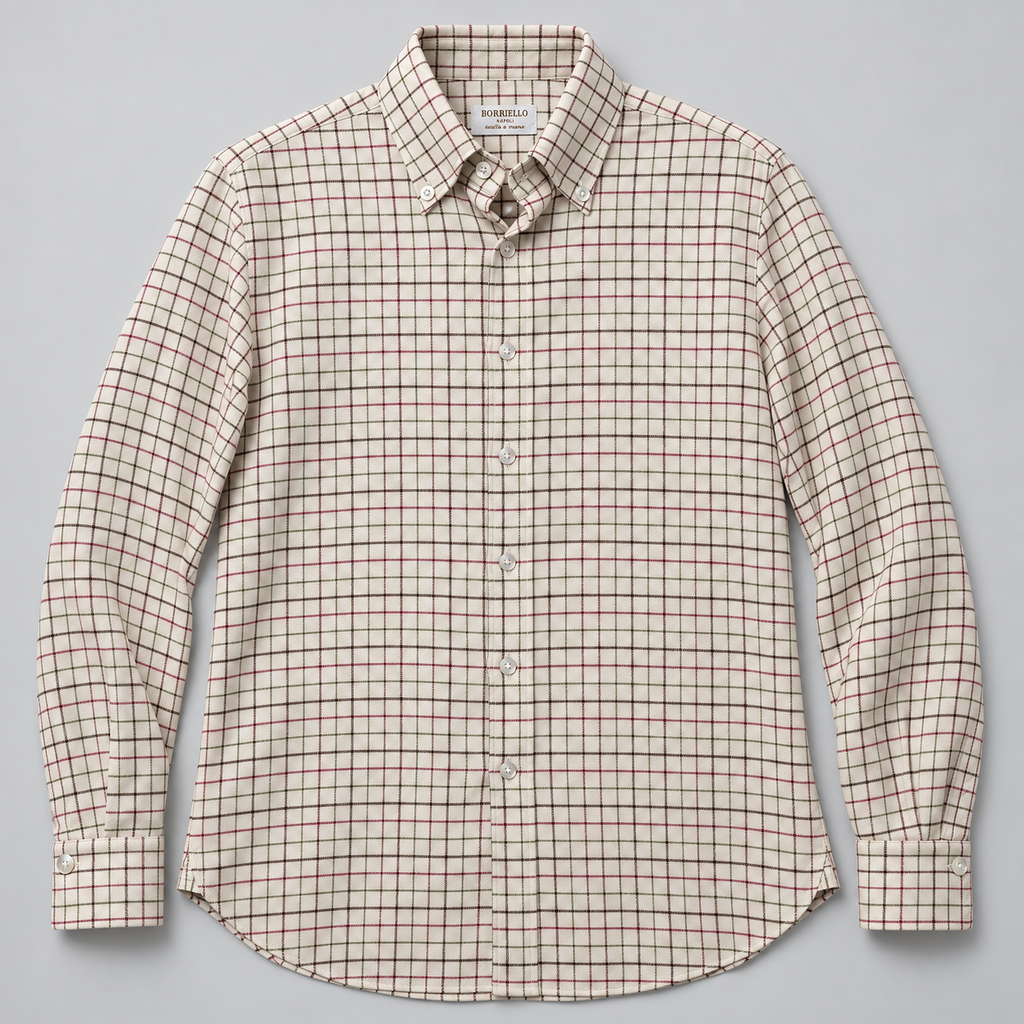Camisa Borriello de hombre con cuadro caudrille granate sobre fondo crema, cuello button-down, vista frontal