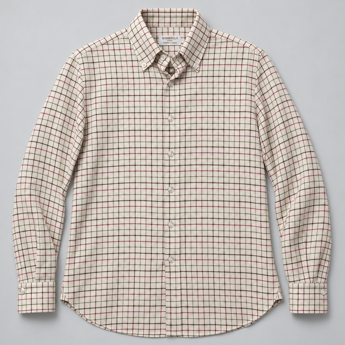 Camisa Borriello de hombre con cuadro caudrille granate sobre fondo crema, cuello button-down, vista frontal