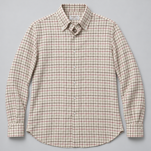Camisa Borriello de hombre con cuadro caudrille granate sobre fondo crema, cuello button-down, vista frontal