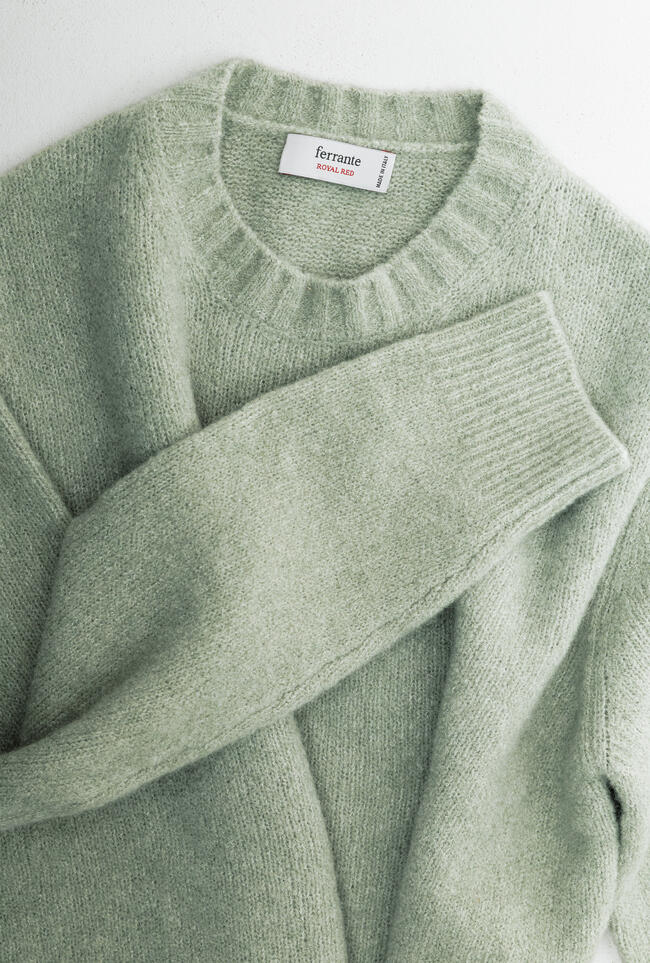 Jersey Ferrante bouclé Verde Agua detalle de tejido y etiqueta