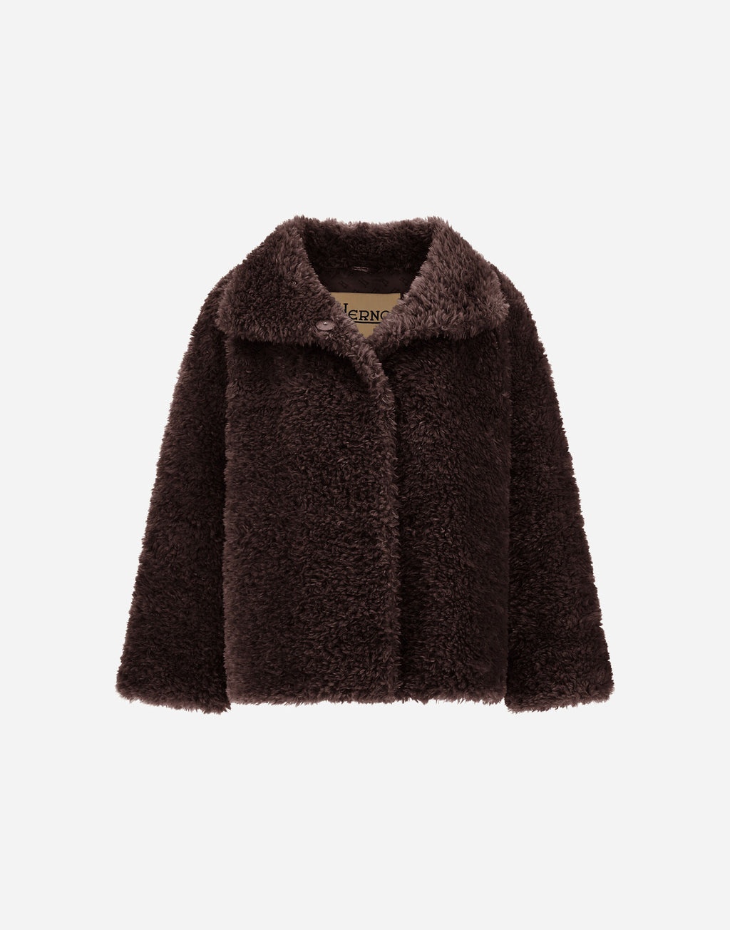 Chaqueta corta Herno mujer chocolate oscuro efecto pelo rizado, vista frontal con cuello de solapa