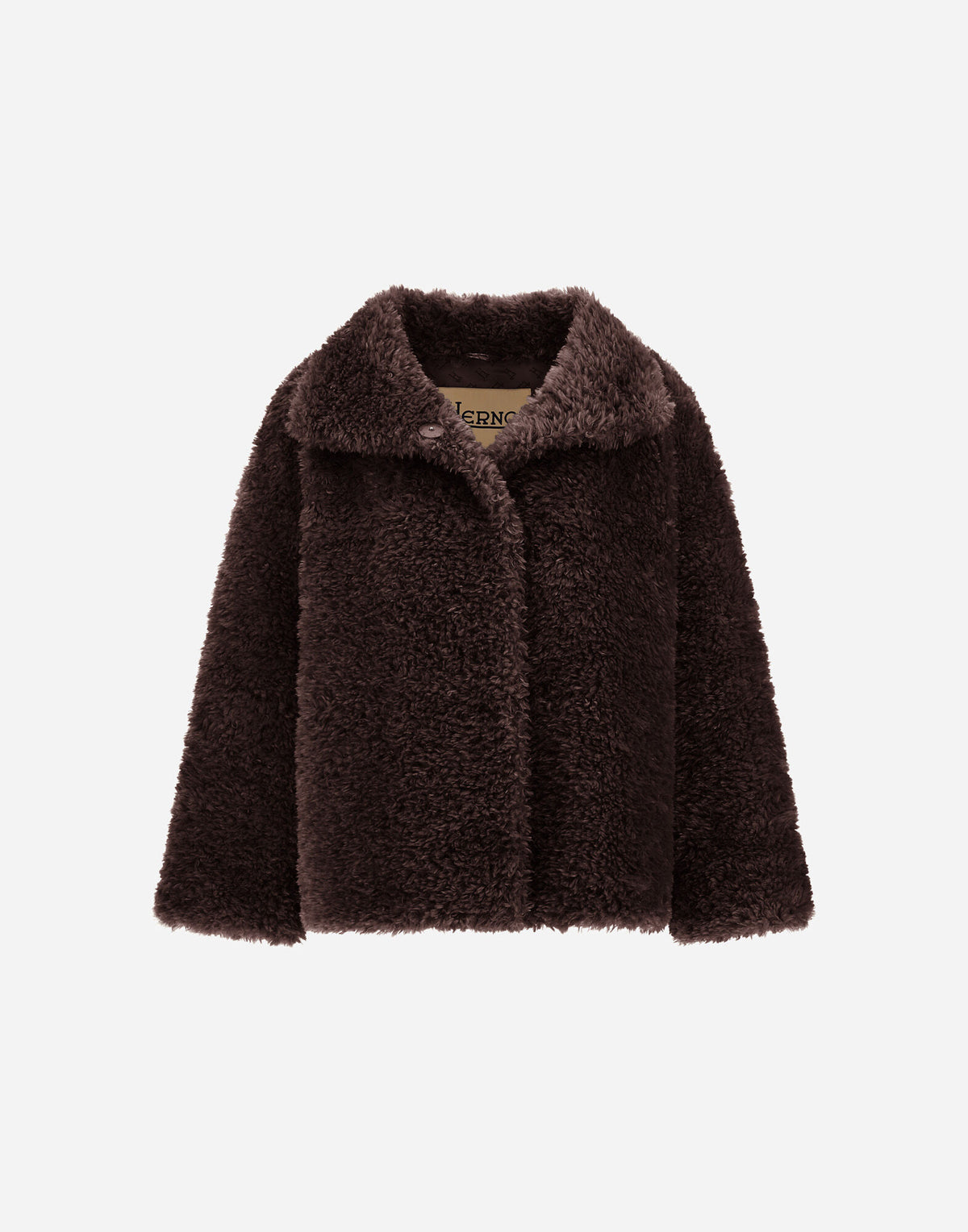 Chaqueta corta Herno mujer chocolate oscuro efecto pelo rizado, vista frontal con cuello de solapa