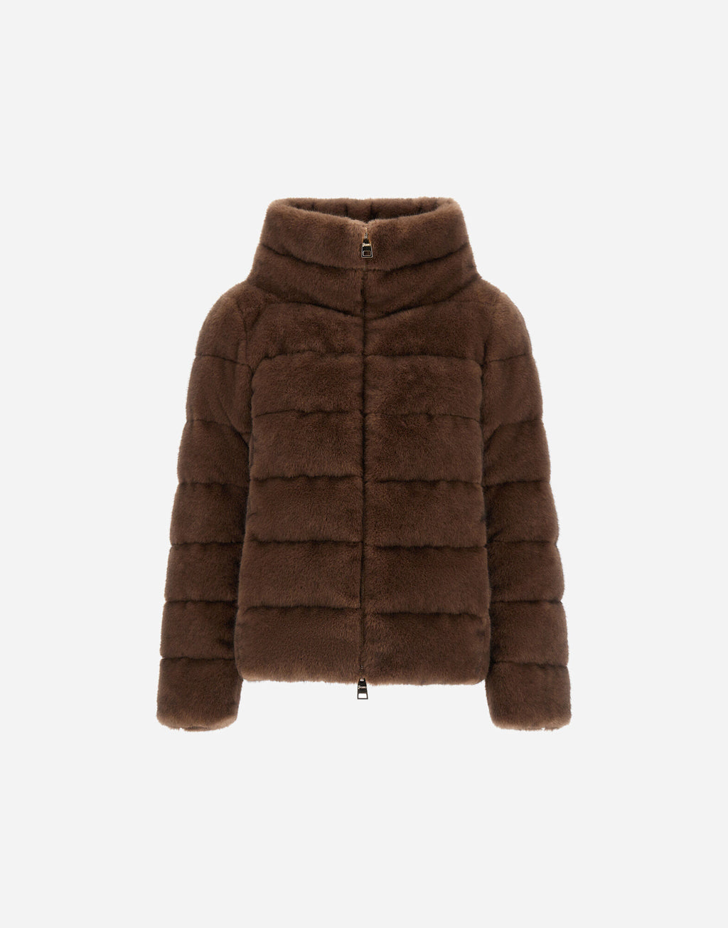Chaqueta Herno mujer marrón chocolate oscuro efecto visón, cuello alto y franjas horizontales, vista frontal