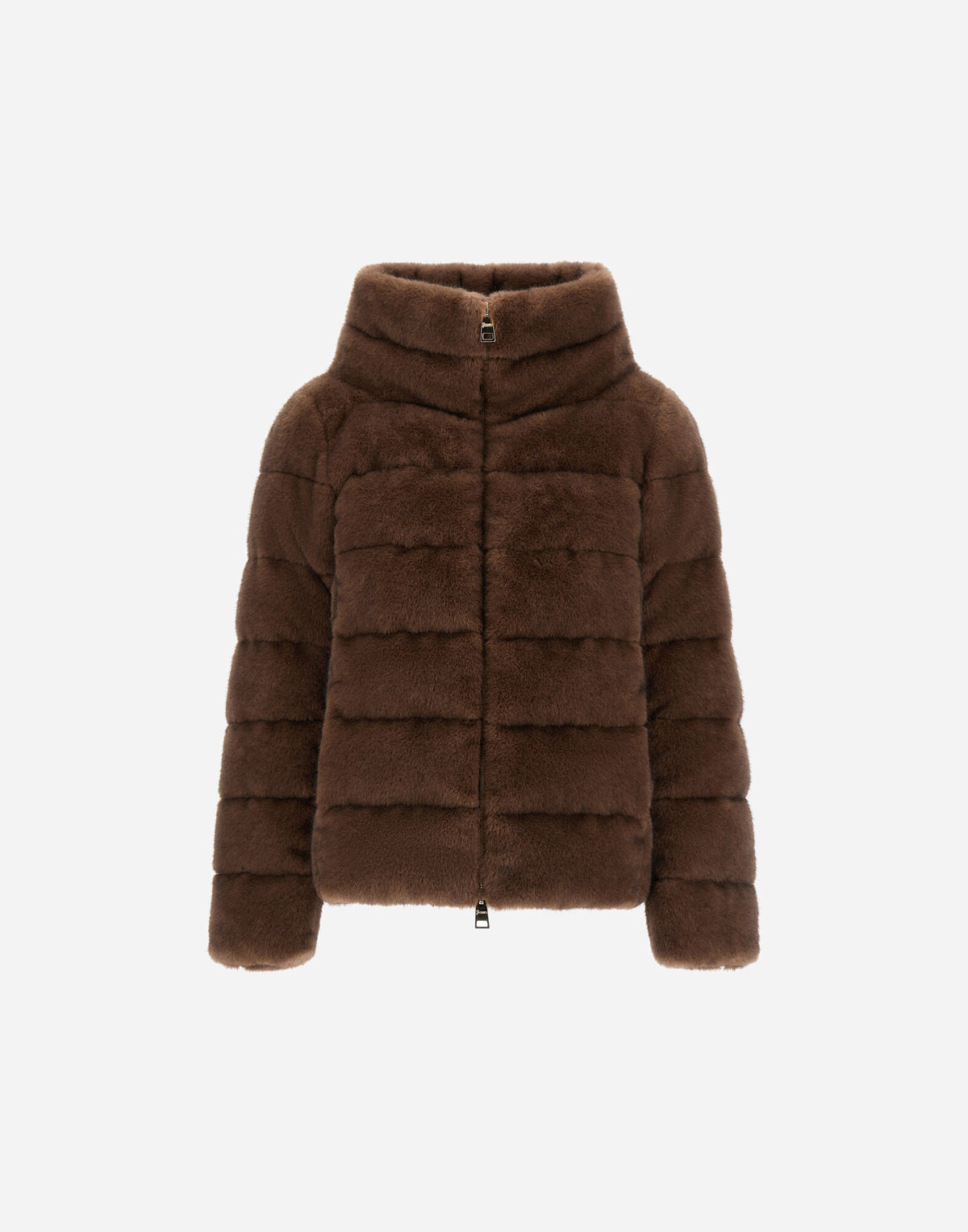 Chaqueta Herno mujer marrón chocolate oscuro efecto visón, cuello alto y franjas horizontales, vista frontal