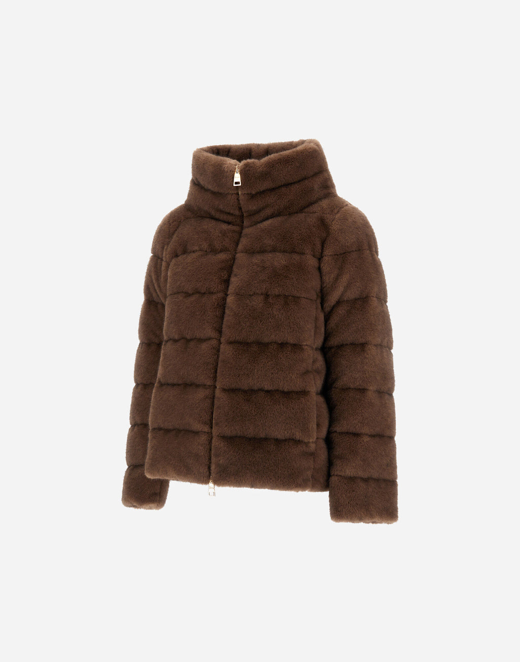 Chaqueta Herno mujer marrón chocolate oscuro efecto visón, vista tres cuartos con cierre de cremallera