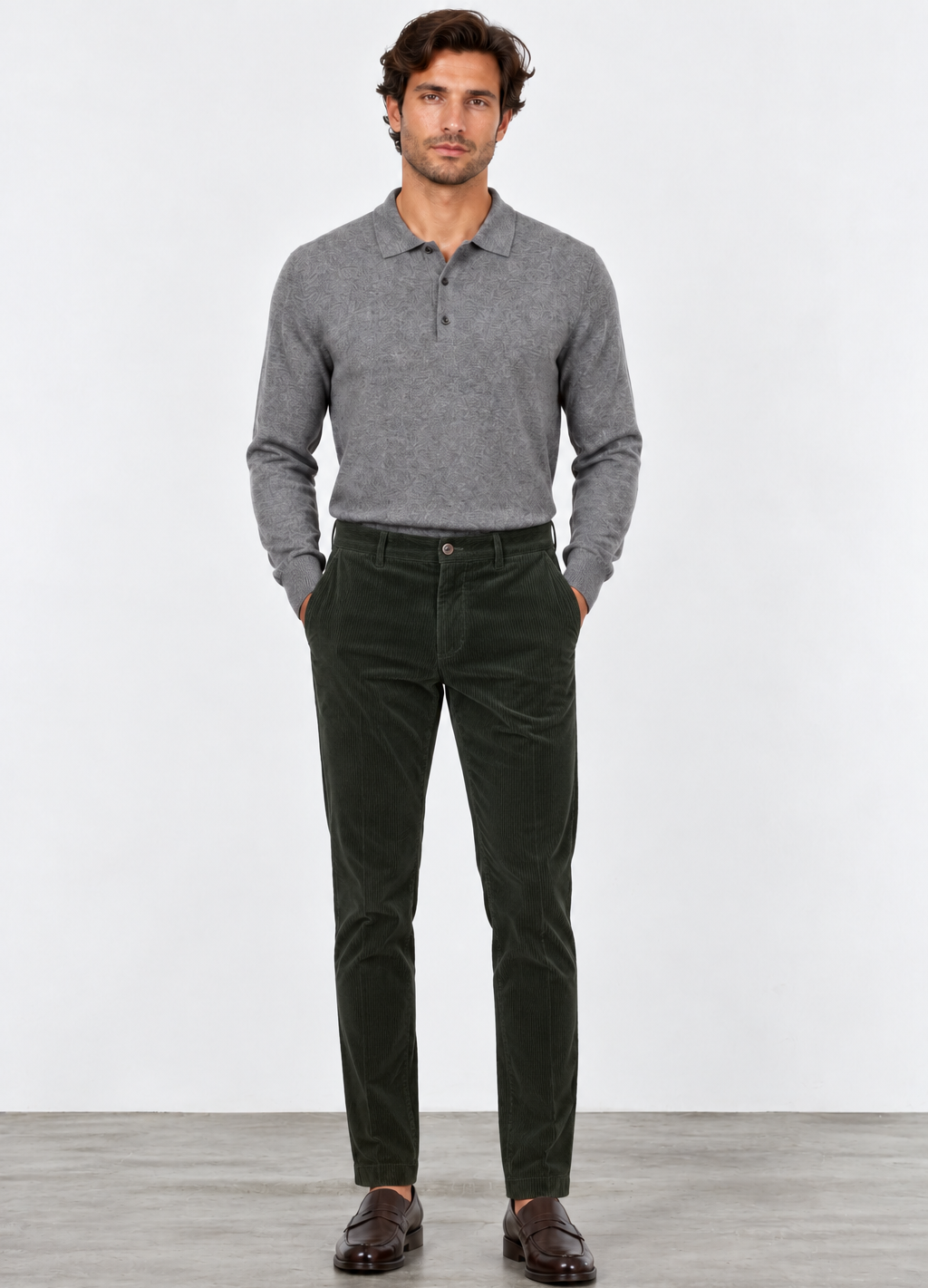 Modelo Trapper con pantalón chino Mason's Torino Style Fit en pana verde bosque