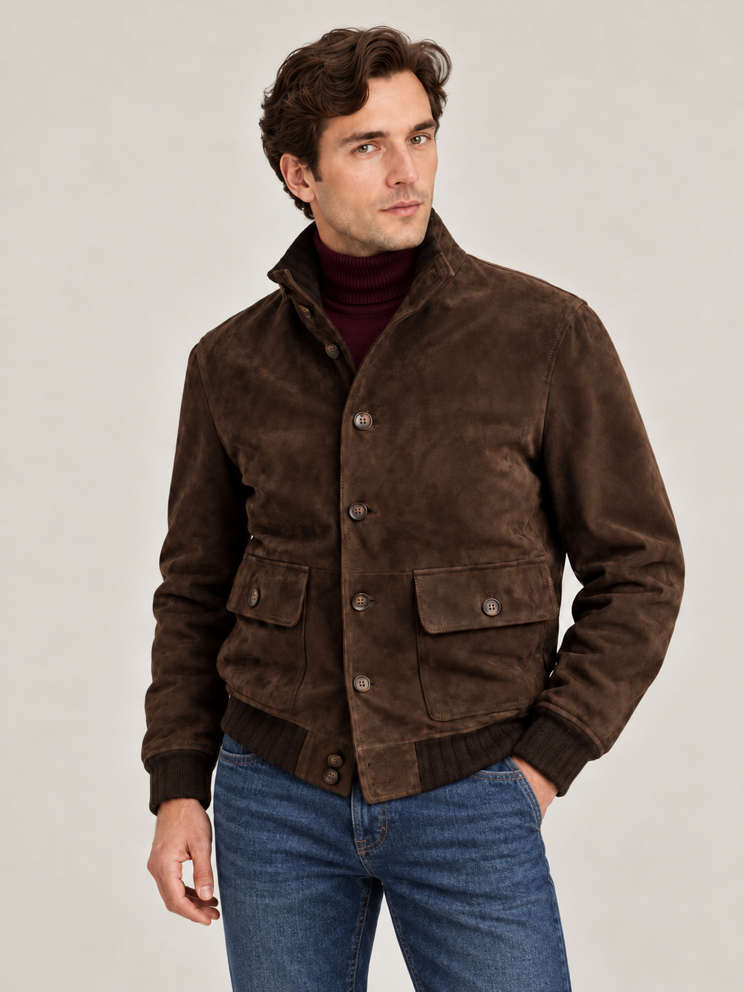 Cazadora de ante Riverside The Jack chocolate puesta en modelo